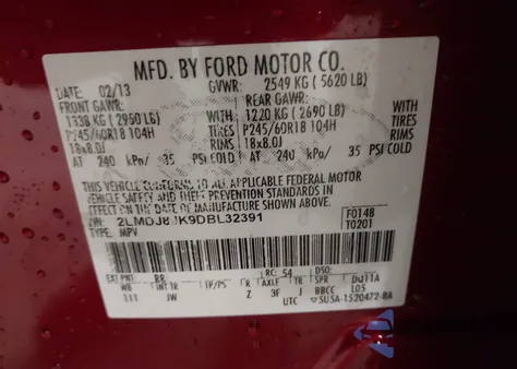 2013 Lincoln Mkx z USA, uszkodzony, nr VIN 2LMDJ8JK9DBL32391